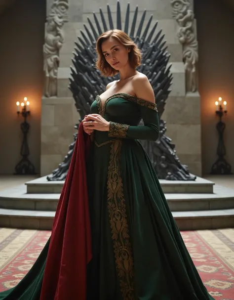 (fullbody shot:1.1): (long shot:1.1): (looks to viewer:1.1): generate landscape image, bright photo 1080P, beautiful XL-size woman 30-35 years 5.1ft with short dark red sort wavy hair her face is brightly lit, stands before the swords throne of Targaryen i...