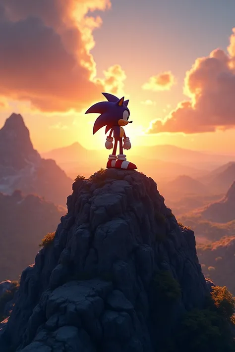 Shadow of Sonic watching the horizon on a mountain