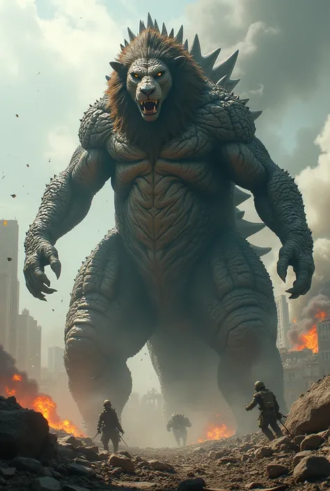 Hybrid of lion  and godzilla in danger theme at war