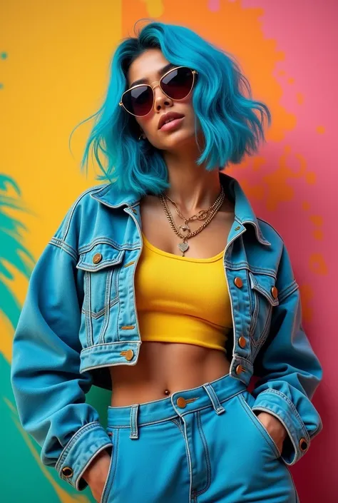  Karol G appears with blue hair and an urban style ,  sports outfit reflecting security and energy . Wearing a ,  and the colorful background highlights her fresh and empowered attitude.