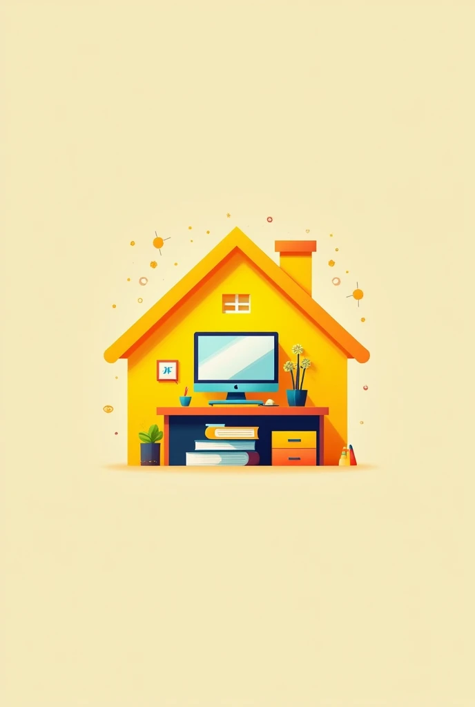 A vector logo,  that is for a stationery and cyber ,  business includes and integrates into the logo the following elements :
 Color yellow
A house
Something related to stationery
And a computer