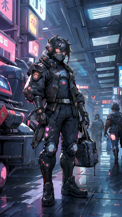 there are two men in  uniforms standing next to a motorcycle, dressed in tech suit and armor ,  cyberpunk服装,  cyberpunk, network...