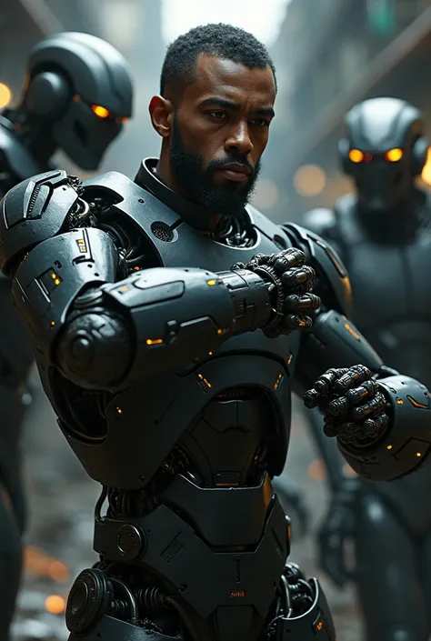 A black man with a robotic arm mutating with other robots