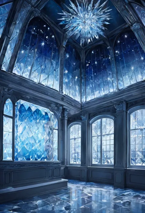 European room made of ice at night