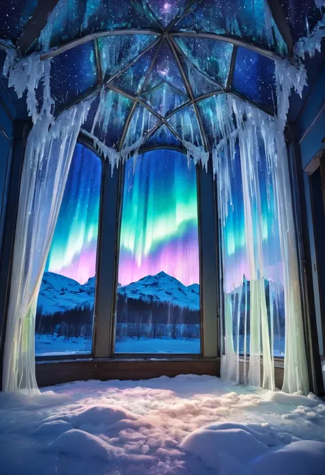 An aurora curtain that flutters in a European room made of ice at night