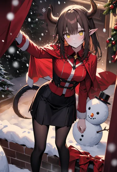 Alone,  female in her 20s ,  long brown hair ,  Straight Bang ,  black goat horn  ,  Pointed ears, yellow eyes,  cleft pupil , Medium chest, mens suit, red shirt,  spade tail , inquisitive, black skirt , It&#39;s snowing,  snowman,  black stockings ,  red ...