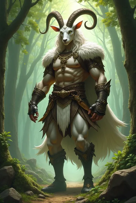 Create final fantasy style a handsome strongman goat with medium curly white hair with strong arms with shapely legs wearing gauntlets on his hands with green eyes wearing a fur cloak with details in a beautiful forest