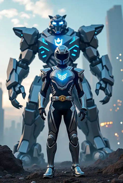 "A unique Power Ranger with futuristic, technological armor, made of gleaming metal and with dynamic LED lights that reflect blue and silver colors. Its design is highly detailed, with advanced textures and elegant lines that highlight the symbol of its Zo...