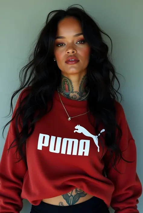 A photo of Rihanna wearing a pumas sweater with a tattoo of the Virgin of Guadalupe 