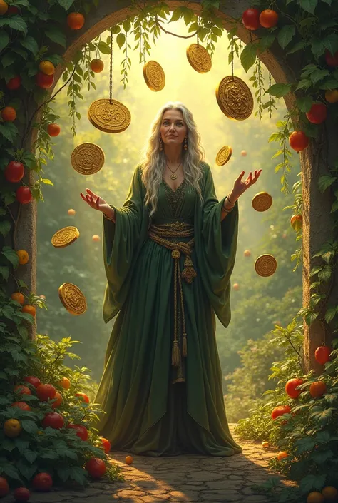 The witch woman and garden of fruits and 9 great coins are hanging