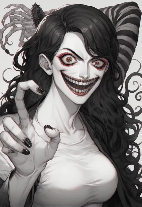 a drawing of a girl with long hair and a smile on her face, horror manga,  horrible smile . horror, Junji Ito style, Scary Pose, art It&#39;s Junji&#39;s style,  inspired by Junji Ito , anime monster girl, Ito Junji Art, Black and white manga, creepy pose,...