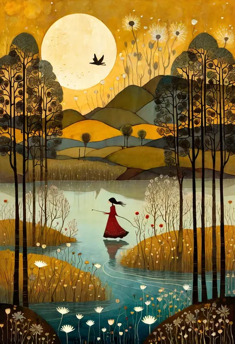 No translation needed. The input text is already in Portuguese: "In the Style of Andy Kehoe and Tracy Grimwood". .  Stylized Figures . ethereal woman, wearing a wide skirt with floral motifs, sheets, walks on the waters of a river, around some cats watch h...