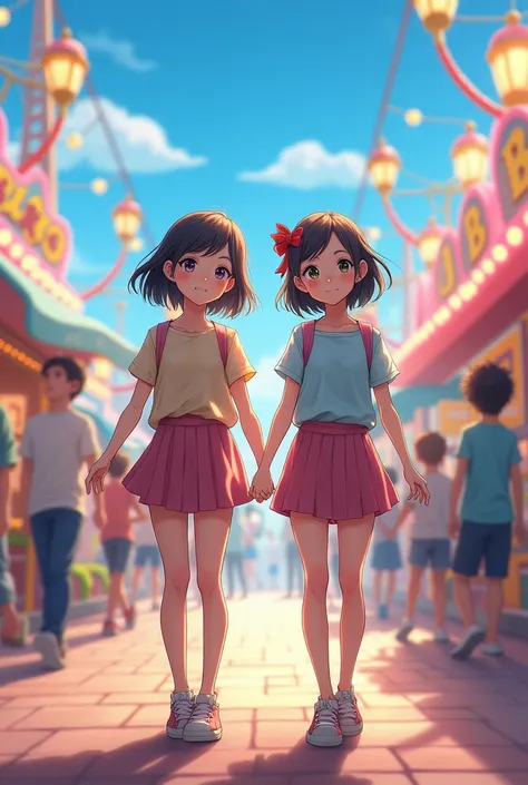 Twins standing hand in hand in bright amusement park anime cute teen guy