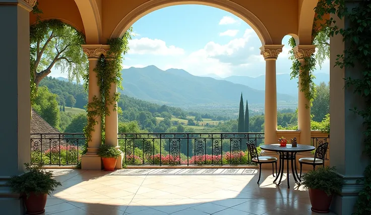 The balcony of a villa without humans 