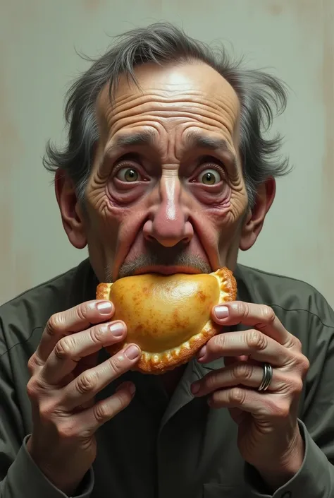 Weak man eating empanada