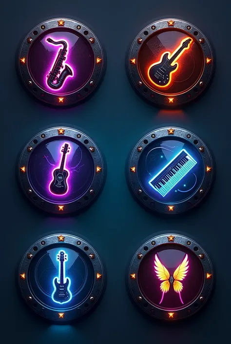 "Design a set of modern gaming buttons in the shape of a circle, included these symbols for a different button representing musical instruments such as: Saxophone / Synthesizer Guitar / Violin / Piano  / Electric Guitar . Final Fantasy Style. metallic text...