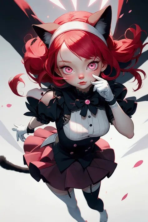 ((Best quality)), ((art painting)), (A young girl with short, choppy vibrant red hair and slightly uneven bangs just above her eyebrows. She has large, expressive pink eyes with slightly dilated pupils, glowing with an otherworldly light. Her pale skin glo...