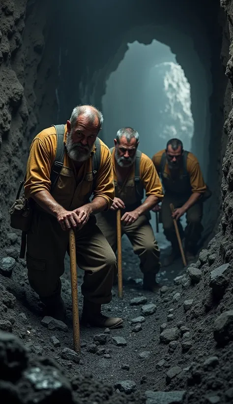 Coal miners holding pickaxes digging coal in the mine