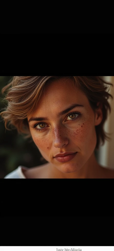 detailed and realistic portrait of a woman with a few freckles, round eyes and short messy hair shot outside, wearing a white t shirt, staring at camera, chapped lips, soft natural lighting, portrait photography, magical photography, dramatic lighting, pho...