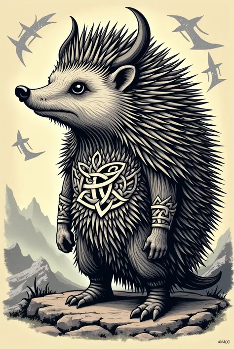 A drawing of warior  hedgehog in the style of Viking tattoos