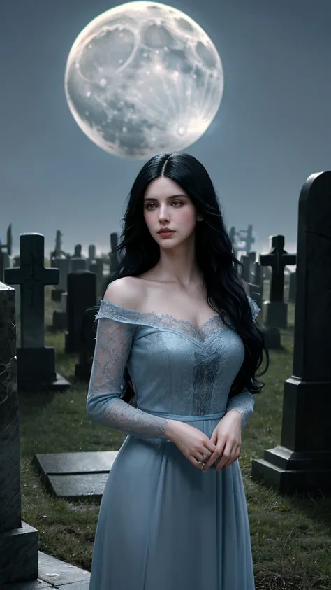 ( Woman similar to Yennefer from The Wicther), ( long wavy black hair), (pale skin), (light blue olhos light blue), (casual clothes), (Cemetery at Night with the Moonlight), (standing),  ambient lighting ,   Photographic realism  ,  intricate facial detail...