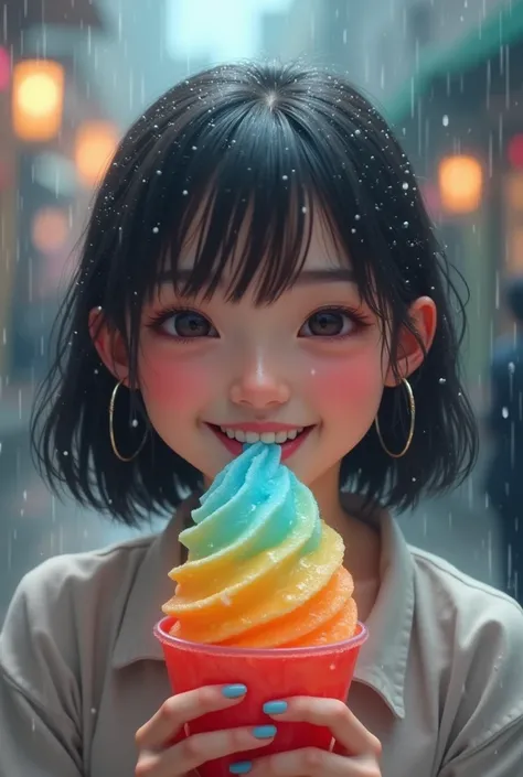 Happy person eating an icy palette with a rainy background