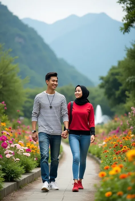 A handsome 27 year old Asian man, short and neat hair, wearing a long sleeved t-shirt with red and white stripes, wearing jeans, wearing a watch and necklace, and wearing white jungle shoes, is walking with a  girl. wearing a hijab, wearing a long-sleeved ...