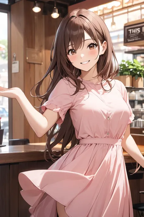 1girl, solo,long hair, brown hair, brown eyes, happy, smile,short-sleeved pink Dress, in cafe,Pose “this way, please”,high quality, masterpiece, best quality, absurdres,