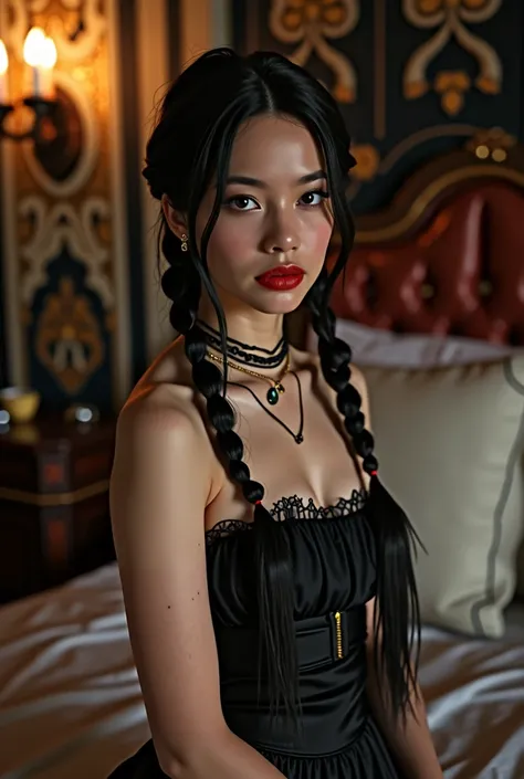 jenna_ortega as Wednesday Adams, naked, bare shoulders, hair tied into two small braids, red lipstick, eyeliner, most of the figure visible (most of the body visible: 1.2), background: an elegant medieval bedroom.