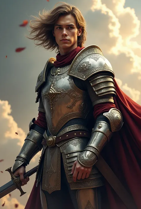  man in armor , high, brown hair and a sword, younger 