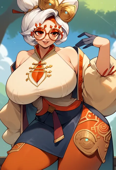 score_9, score_8_up, score_7_up, score_6_up, score_5_up, score_4_up, (source_anime), purah,
1girl,  huge breasts, narrow waist, thick thighs,  hair ornament, red headband, red glasses, sleeveless shirt, white coat, black skirt, red leggings, gloves, high h...