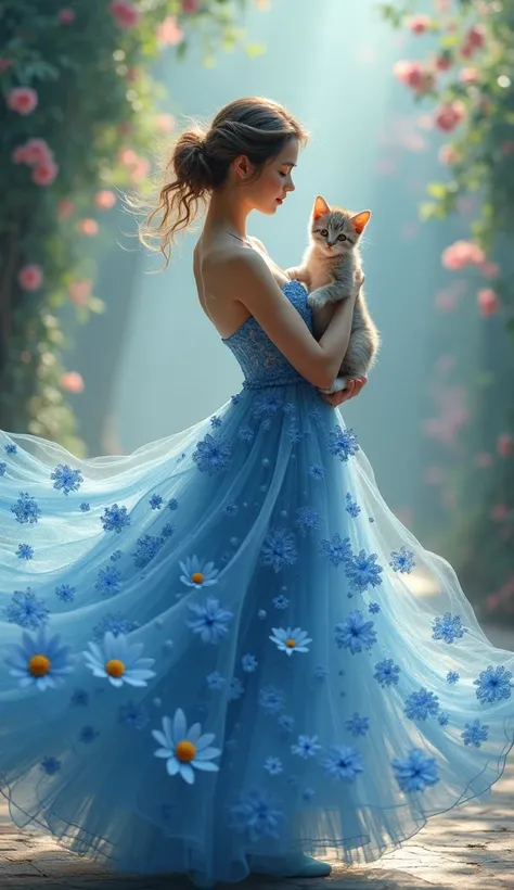 Because floor ， Beautiful  girl wearing a beautiful dress made of blue flowers， holding a cute kitten ， and dancing Beautiful background ，bokeh effect，Highly Detailed，realistic，realistic，studio photos，Highly Detailed，dynamic，，  masterpiece ，Complex，HDR，abs...