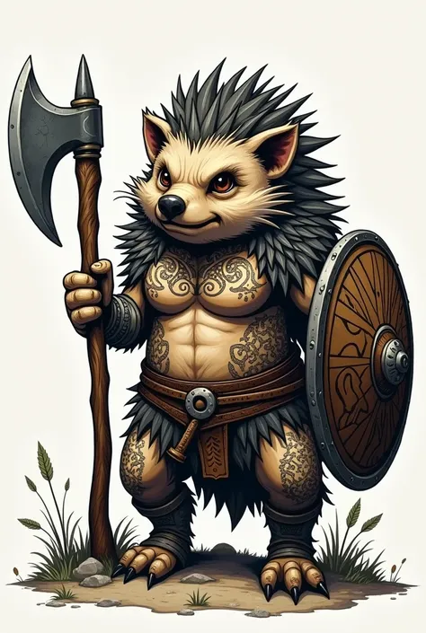 A drawing of warior hedgehog with axe and shild in the style of Viking tattoos