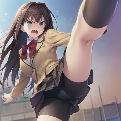 (masterpiece,best quality,ultra detailed,high resolution,game cg),bbaoko, long hair, brown hair, school uniform, red bow, blazer, brown jacket, black skirt, black socks,bike shorts,(high kick,kicking),angry face,open mouth,blush,