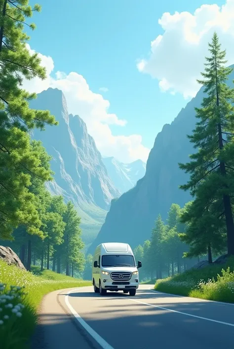 White van Drives on the Road side image with trees and mountains in the background