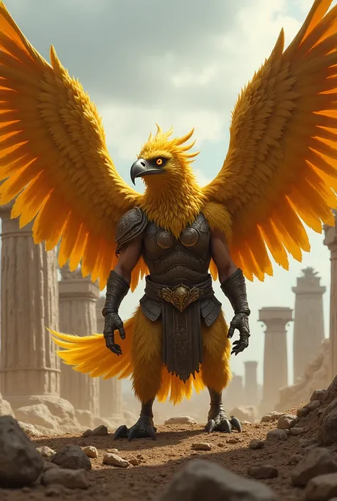 A towering hybrid creature, combining the muscular physique of a warrior with massive golden, feathered wings and a sharp eagles beak. Its eyes glow fiercely, and its talons replace its feet, digging into the ground. Its Amazonian armor is battered, and it...