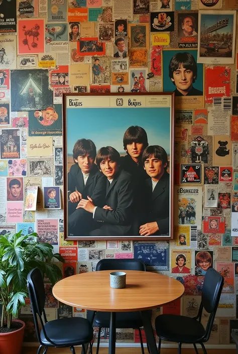 a close up of a wall covered in posters and a large sign, beatle, the beatles, detailed photo of an album cover, painting of the beatles, album cover!, collage artwork, an album cover, 1968 cut out collage, magazine collage art, collages, the best ever, hd...