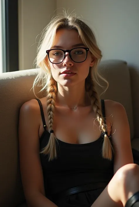 petite, english young woman, light dark blonde hair with two braids, rectangular glasses, light blue eyes, lying on couch, black cocktail dress, equestrian-boots that goes up to her knees. midday sun shining on her.