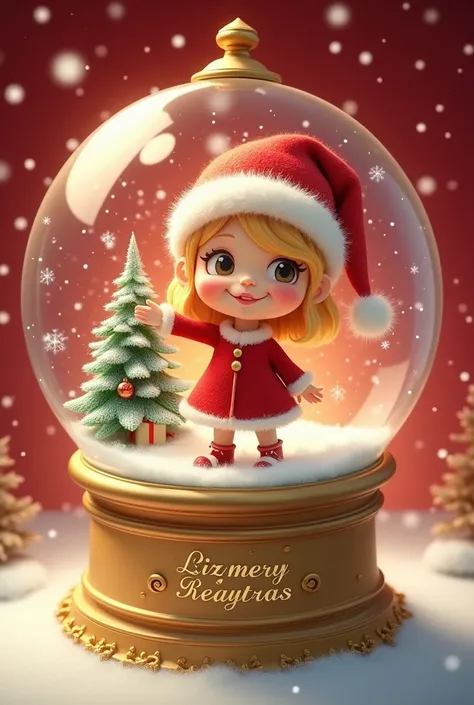 Create a Christmas image with the name Lizmery Reynoso on it .  The image must have a golden snow globe with a red background with snowflakes and a blonde girl wearing a Christmas hat must be inside the snow globe and also inside there must be a Christmas ...