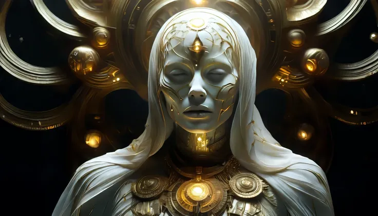 A cinematic close-up of a gaunt figure with translucent, pale skin stretched tightly over an elongated skull. The character’s glowing, empty eye sockets seem to pierce into the viewer’s soul, emitting faint streams of golden light. Its face is etched with ...