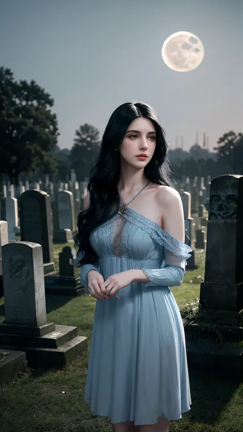 ( Woman similar to Yennefer from The Wicther), ( long wavy black hair), (pale skin), (light blue olhos light blue), (casual clothes, short dress), (Cemetery at Night with the Moonlight), (standing),  ambient lighting ,   Photographic realism  ,  intricate ...