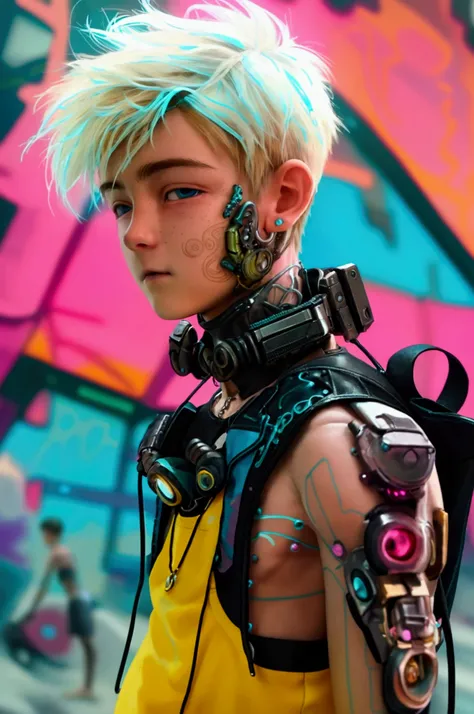 ((An adorable 18yo cute emaciated cyberpunk twink)) surfer male twink with an (((adorable boyish face of Asher Angel))) with bleach-blonde hair. He wears a ((small intricately detailed cyberpunk swim-trunks)). He poses in front of cyberpunk street graffiti...