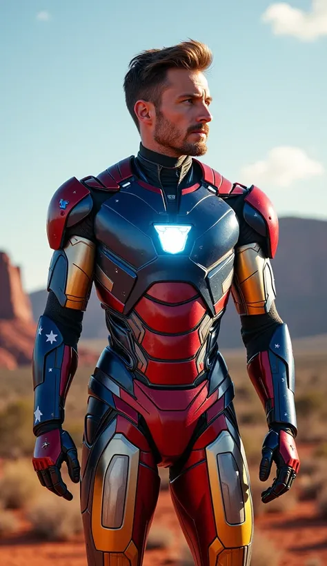 " A superhero inspired by Iron Man , reimagined as Australian .  The armor is modern and stylized with the colors of the Australian flag: blue,  red and white ,  incorporating stars from the Southern Cross constellation in the design . O reator no peito te...