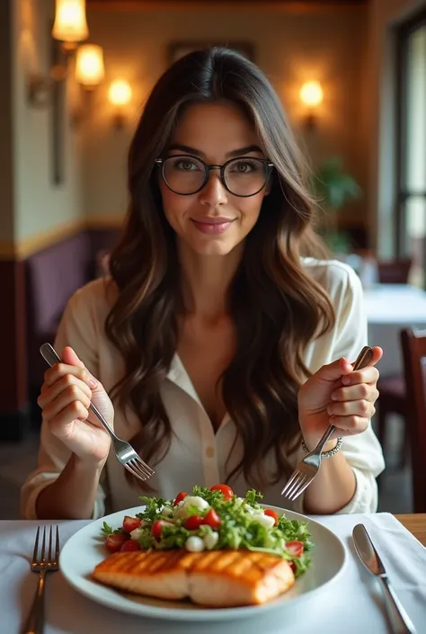 Beautiful Latina woman, 30 years old, with long brown hair. Light brown eyes, prescription glasses.  She is holding a fork in her left hand and a knife in her right hand, eating a plate of salad and grilled salmon for lunch. The salad demonstrates the conc...