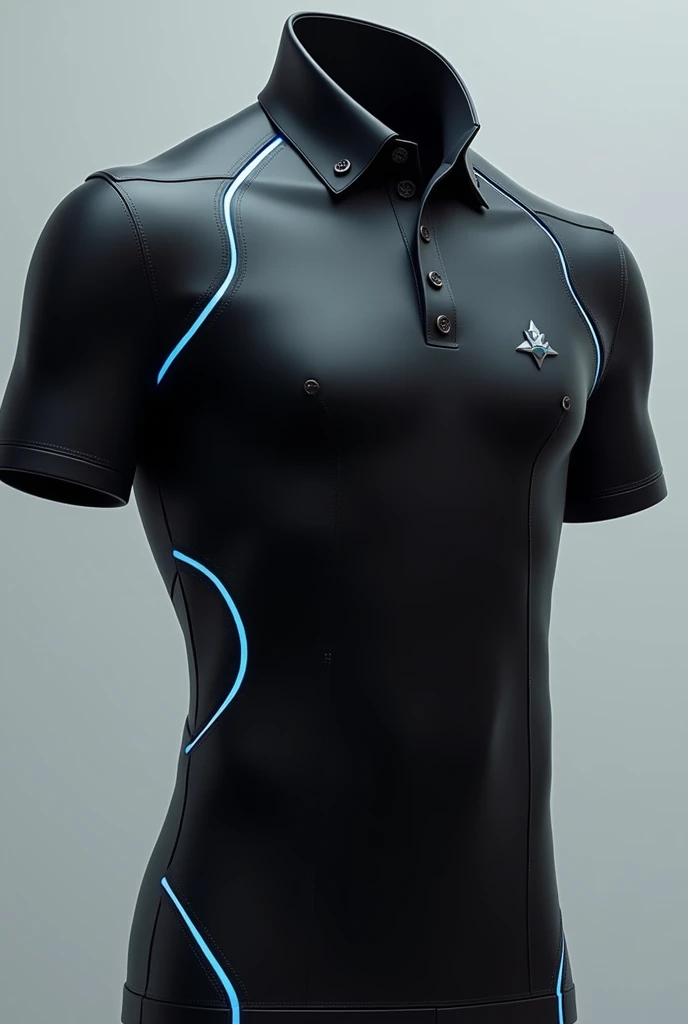 Black robotic polo with blue metallic touches 