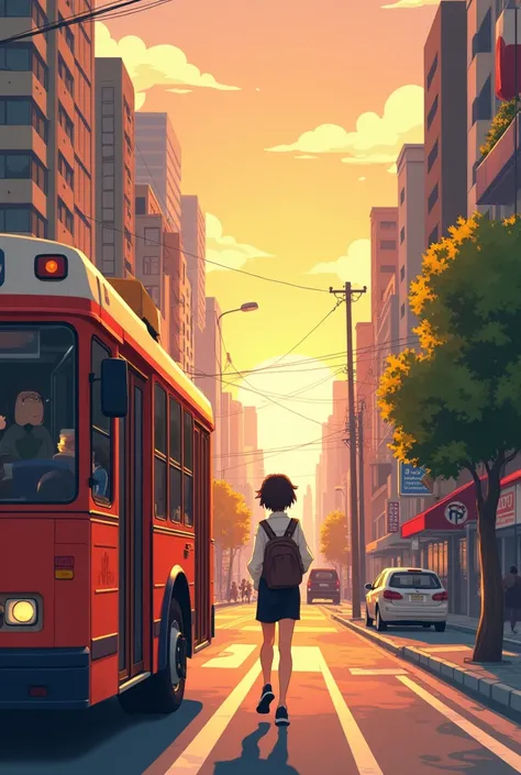 Stepping off the bus, I look around with a new perspective. The city isn’t just a collection of buildings; it’s a canvas waiting for her touch. Anime style inspired by ghibli. The sun slowly down