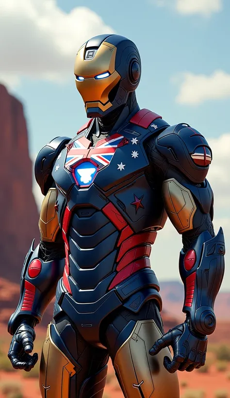 " A superhero inspired by Iron Man , reimagined as Australian .  The armor is modern and stylized with the colors of the Australian flag: blue,  red and white ,  incorporating stars from the Southern Cross constellation in the design . O reator no peito te...