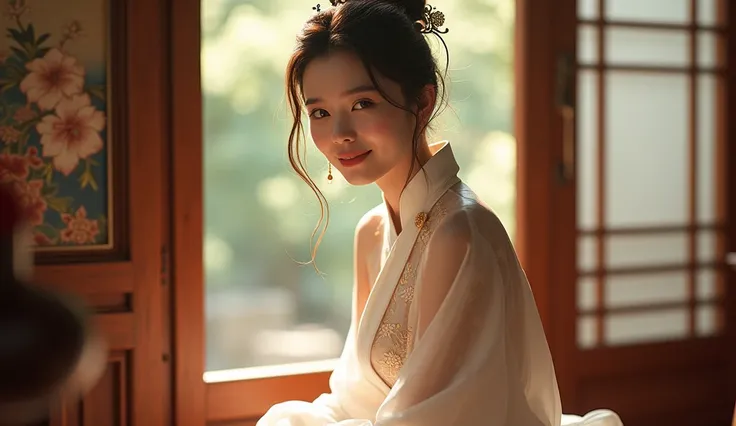 A stunning Chinese woman with porcelain skin and a gentle smile, sitting gracefully in a sunlit room, wearing a traditional qipao; realistic portrait, ultra-high resolution, 8K, intricate details, soft natural lighting, photorealistic, 