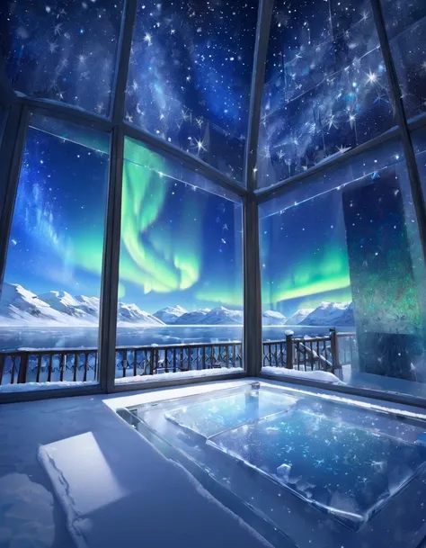 European room made of ice with a view of the winter starry sky、Curtains of the Northern Lights