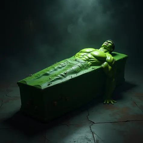 Coffin covered with hulk costume